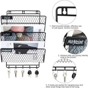 img 2 attached to 🐔 Organize and Declutter with PAG Hanging Wall File Holder Organizer: Metal Chicken Wire Design, 3-Tiered Document Rack with 5 Hooks - Black