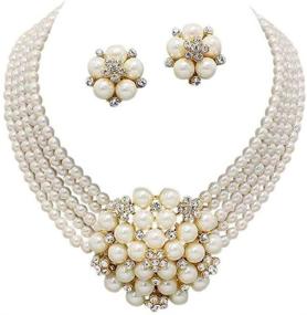 img 2 attached to 💎 Elegant Chunky Cream Simulated-Pearl Cluster Crystal Bridal Necklace Set with Gold Chain - CLIP ON Earring