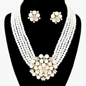 img 1 attached to 💎 Elegant Chunky Cream Simulated-Pearl Cluster Crystal Bridal Necklace Set with Gold Chain - CLIP ON Earring