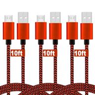 🔌 10ft long fast charging micro usb charger cable for ps4 controller - 3 pack, nylon coiled braided cord for samsung galaxy s7 s6 s7 edge s5, note 5 4, lg g4, htc, ps4, camera - black & red, strong durability logo