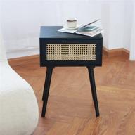 🌙 awasen mid century nightstand with drawer, rattan side table for living room, bedroom and small space, solid wood legs &amp; natural rattan bedside table, easy assembly - black логотип