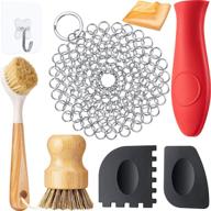 🧼 8-piece cast iron cleaner set: stainless steel chainmail scrubber with bamboo long handle, dish scrub brush, hot handle holder, 2 pan grill scrapers, kitchen towel, and wall hook logo