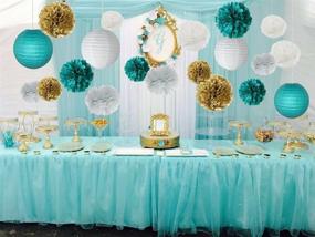 img 3 attached to 🎉 Furuix Big Sized White Teal Grey Gold Tissue Paper Pom Pom Paper Lanterns - Mixed Package for Teal Themed Party, Wedding, Bridal Shower Decor - Teal Blue Baby Shower & Wedding Decoration