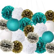 🎉 furuix big sized white teal grey gold tissue paper pom pom paper lanterns - mixed package for teal themed party, wedding, bridal shower decor - teal blue baby shower & wedding decoration logo
