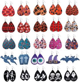 img 4 attached to 25 Halloween Faux Leather Teardrop Earrings with Pumpkin, Skull, Bat, Ghost, and Tombstone Dangles for Women and Girls