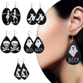 img 1 attached to 25 Halloween Faux Leather Teardrop Earrings with Pumpkin, Skull, Bat, Ghost, and Tombstone Dangles for Women and Girls