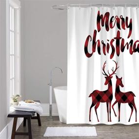 img 1 attached to 🦌 Christmas Reindeer Merry Christmas Soap-Free Waterproof Shower Curtain in Red Black Buffalo Check Plaid, Libaoge Polyester Fabric Bathroom White (72x72, Xmas Elk)