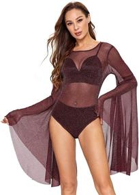 img 4 attached to 🌟 Stunning Sheer Mesh Bodysuit: Romwe Women's Sexy Backless Bell Sleeve with Glitter