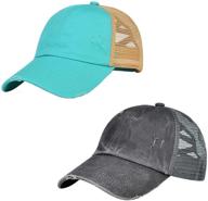 2-pack kids girls ponytail baseball hat trucker dad ball cap - criss cross messy buns ponycaps - distressed washed denim logo