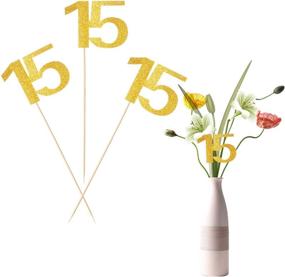 img 4 attached to 🎉 Sparkling 15th Birthday Glitter Centerpiece Sticks - Double Sided Gold Table Toppers & Cake Topper Picks for Anniversary Party and Decorations (12 Pieces)