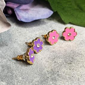 img 3 attached to 🌸 Hand Painted Flower Stud Earrings Set - Includes Pink and Purple Floral Stud Earrings for Sensitive Ears | 18k Gold Plated