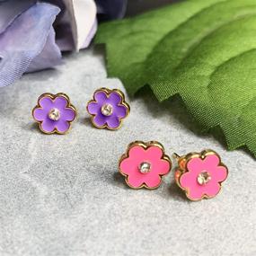 img 2 attached to 🌸 Hand Painted Flower Stud Earrings Set - Includes Pink and Purple Floral Stud Earrings for Sensitive Ears | 18k Gold Plated