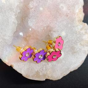 img 1 attached to 🌸 Hand Painted Flower Stud Earrings Set - Includes Pink and Purple Floral Stud Earrings for Sensitive Ears | 18k Gold Plated