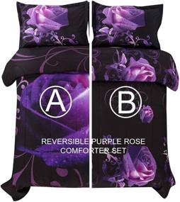 img 3 attached to 👑 Queen Purple Comforter Set – Reversible Rose Pattern Printed Bedding with 2 Pillowcases - All Seasons Duvet - Soft Microfiber Filling - 90"x90