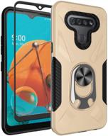 📱 oleaders lg k51 case with tempered glass screen protector and rotatable metal ring holder - gold logo