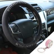 💎 girly car bling steering wheel cover with diamond letter pattern, pink sparkly diamond key chain included, 15 inches universal fit velvety anti-slip steering wheel cover, black logo