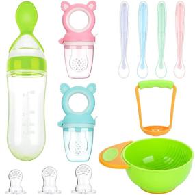img 4 attached to 🍼 Complete 11-Piece Food Feeder Set with Teething Pacifier, Nipples, Bottle, Bowl, and Silicone Spoons - Perfect for Baby's First Stage Feeding