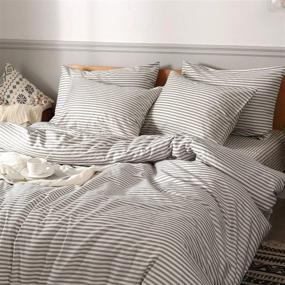 img 3 attached to 😴 100% Natural Cotton Duvet Cover Sets - JELLYMONI 3pcs Striped Bedding Set, full-size, White with Grey Stripes Pattern, Comforter Cover with Zipper Closure & Corner Ties