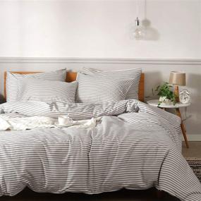 img 4 attached to 😴 100% Natural Cotton Duvet Cover Sets - JELLYMONI 3pcs Striped Bedding Set, full-size, White with Grey Stripes Pattern, Comforter Cover with Zipper Closure & Corner Ties