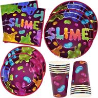 🌈 colorful rainbow slime making party supplies: 24 paper plates, 24 cups, 50 lunch napkins - perfect for boys and girls birthday decoration! logo