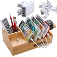 🎋 bamboo usb charging stations: 5 port charger with cable, watch stand, and desk organizer for phone, tablet, and more logo