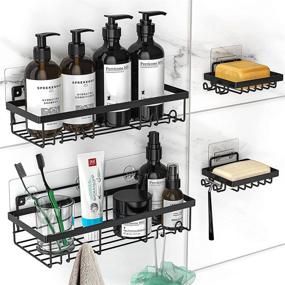 img 4 attached to 🚿 2-Pack MOFOROCO Shower Caddy Shelf Organizer with Hooks, Adhesive Black Bathroom Accessories Basket Shelves, Rustproof Stainless Steel, No Drilling Wall Mount Shower Storage Accessories with 2 Soap Dishes