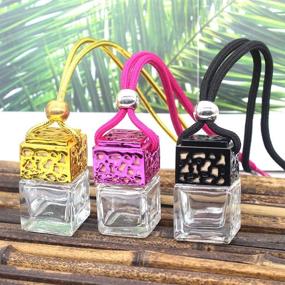 img 1 attached to 🚗✨ Premium 4 Pcs 8ml Car Hanging Perfume Diffuser with Wooden Caps - Clear Glass Square Car Air Freshener Essential Oil Fragrance Pendant Bottle Vials, Including FREE 1 Funnel & Dropper