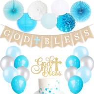 🎉 blue elegant cross paper fan, pom poms, lanterns, and balloons party decoration set - ideal for baptism, first communion, baby shower, and christening events - god bless banner cake topper included logo
