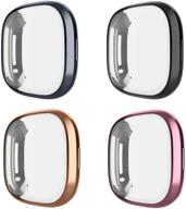 📱 kmasic hard case compatible with fitbit versa 3 screen protector - 4 pack, slim tempered glass overall protective cover for fitbit sense in black/gray/rose gold/rose pink logo