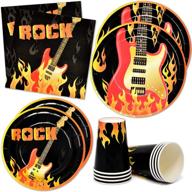 🤘 rock star party supplies tableware set - 24 pack of 9-inch paper plates, 24 pack of 7-inch plates, 24 pack of 9 oz cups, and 50 luncheon napkins - ideal for rockstar, guitar, musical notes, karaoke themed disposable birthday dinnerware decorations logo