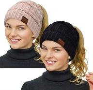 🧣 winter warm beanie tail for women: rosoz ponytail beanie - soft stretch cable knit messy high bun hat logo