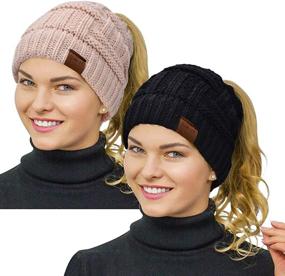 img 4 attached to 🧣 Winter Warm Beanie Tail for Women: Rosoz Ponytail Beanie - Soft Stretch Cable Knit Messy High Bun Hat