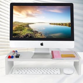 img 1 attached to 🎋 KINLINK Bamboo Monitor Stand Riser: Adjustable Height Computer Riser for Home & Office - White