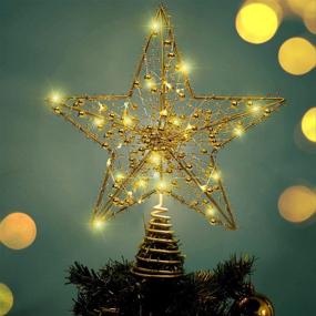 img 4 attached to 🌟 Glittered Golden Christmas Tree Star & Cards, 12-inch with 20 Bulbs, Handmade Gold Bead Strand Design, 5-Point Natural Capiz Star Treetop, Lighted Christmas Ornament Tree Topper