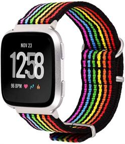 img 4 attached to 🌈 Bandmax Rainbow Fitbit Versa LGBT Nylon Bands - Black Bottom Breathable Wristband Accessories with Silver Metal Buckle
