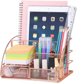 img 4 attached to 🌸 Rose Gold Desk Organizer for Women: Stylish Mesh Office Supplies Caddy with 5 Compartments and Mini Sliding Drawer – Ideal for Home & Office Desktop Organization and Decor