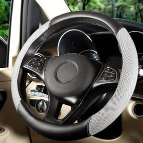 img 4 attached to 🔴 SEG Direct Steering Wheel Cover: Leather & Breathable Viscose, Anti-Slip, Warm in Winter & Cool in Summer - Black & Gray, Standard Size 14.5-15.25 Dia