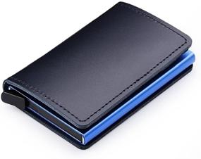 img 3 attached to 💼 Dlife Slim RFID Blocking Leather Credit Card Holder Wallet - Vintage Aluminum Business Card Case, Automatic Pop-up & Secure Travel Wallet (Blue)