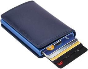 img 4 attached to 💼 Dlife Slim RFID Blocking Leather Credit Card Holder Wallet - Vintage Aluminum Business Card Case, Automatic Pop-up & Secure Travel Wallet (Blue)