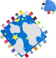 👶 blue baby security blanket with soft ribbon tag comfort and satin tags - stars, clouds, and newborn appear towel logo