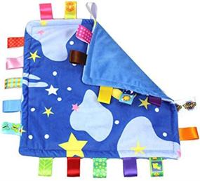 img 1 attached to 👶 Blue Baby Security Blanket with Soft Ribbon Tag Comfort and Satin Tags - Stars, Clouds, and Newborn Appear Towel