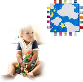 img 3 attached to 👶 Blue Baby Security Blanket with Soft Ribbon Tag Comfort and Satin Tags - Stars, Clouds, and Newborn Appear Towel