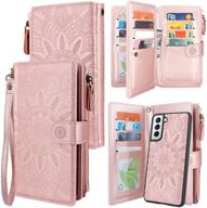 stylish floral rose gold magnetic wallet case for samsung galaxy s21+ s21 plus 5g - detachable, zipper closure, 12 card slots, cash pocket, and wrist strap included logo