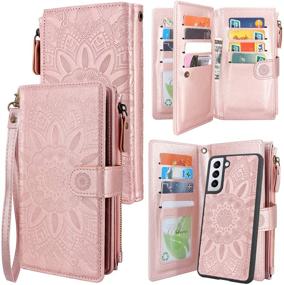 img 4 attached to Stylish Floral Rose Gold Magnetic Wallet Case for Samsung Galaxy S21+ S21 Plus 5G - Detachable, Zipper Closure, 12 Card Slots, Cash Pocket, and Wrist Strap Included