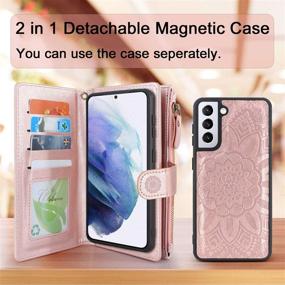 img 2 attached to Stylish Floral Rose Gold Magnetic Wallet Case for Samsung Galaxy S21+ S21 Plus 5G - Detachable, Zipper Closure, 12 Card Slots, Cash Pocket, and Wrist Strap Included