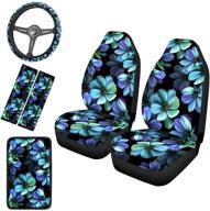 horseit aqua hibiscus flowers pattern car seat covers: full set of 6 pcs with steering wheel, armrest cover, belt pads – ideal suv truck accessories for women logo