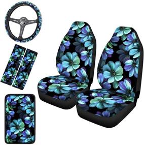img 4 attached to Horseit Aqua Hibiscus Flowers Pattern Car Seat Covers: Full Set of 6 Pcs with Steering Wheel, Armrest Cover, Belt Pads – Ideal SUV Truck Accessories for Women