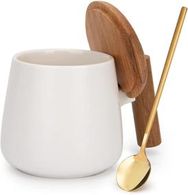 img 4 attached to ☕️ GOOD ALWAYS Ceramic Coffee Mug with Wood Lid and Golden Spoon - 14 Oz White Tea Cup for Office and Home - Perfect Christmas Gift and Housewarming Present - 1 Pack