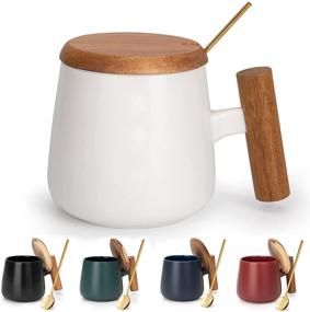 img 3 attached to ☕️ GOOD ALWAYS Ceramic Coffee Mug with Wood Lid and Golden Spoon - 14 Oz White Tea Cup for Office and Home - Perfect Christmas Gift and Housewarming Present - 1 Pack