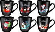 🎅 set of 6 large 16 oz christmas holiday ceramic coffee mugs - funny novelty mugs, decorative gift, matte black finish logo